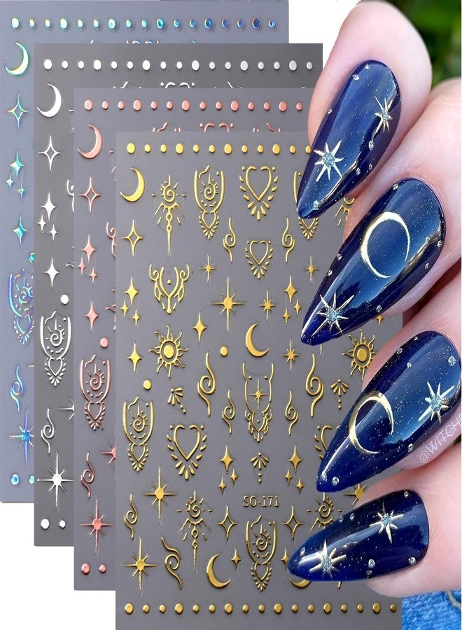 SPLOCUDU 12 Sheets Star Nail Art Stickers 3D Self-Adhesive Nail Decals Silver Aurora Gold Moon Nail Stickers for Nail Art Design Decoration Accessories for Women - Image 2